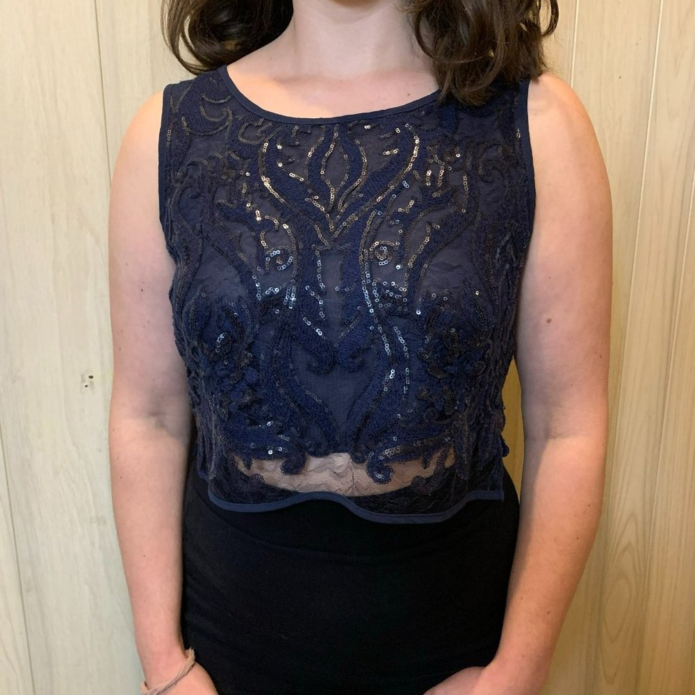 ZARA Navy Lace and Sequin Crop Top Semi-Sheer Size Medium Womens